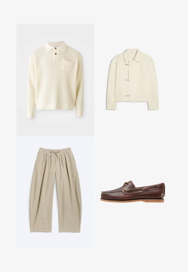 Off-white jakke med krave og tre sølvfarvede låsespænder foran, med to sidelommer og lange ærmer.; Lyscreme strikket pullover med et tekstureret mønster, to-knap strop og en brystlomme. Har ribbede manchetter og kant.; Beige bukser med vidde ben, elastisk talje og snøre, sidelommer og løs, afslappet pasform.; Brun læder bådsko med hvide sømme, snøre detaljer og lysbrun gummisål, vist fra siden på hvid baggrund.