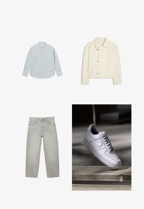 Veste blanc cassé avec un col et trois fermoirs à bascule argentés sur le devant, avec deux poches latérales et des manches longues.; Chemise homme à manches longues avec boutons, rayures verticales vertes et blanches, et une poche poitrine unique brodée avec un petit détail jaune.; Jean en denim gris clair à taille haute, jambes droites, fermeture à boutons à l'avant et cinq poches, posé à plat sur un fond blanc.; La basket Nike Air Force 1 en cuir blanc présente un embout perforé, des lacets plats et une semelle en caoutchouc texturée avec le logo « AIR » sur le côté.