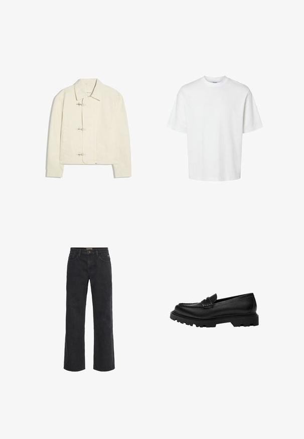 Off-white Jacke mit Kragen und drei silbernen Knebelverschlüssen vorne, mit zwei Seitentaschen und langen Ärmeln.; Schlichtes weißes T-Shirt mit kurzen Ärmeln, Rundhalsausschnitt und lockerem Schnitt, abgebildet auf weißem Hintergrund.; Schwarze Denim-Hosen mit weitem Bein, Knopfverschluss, fünf Taschen und einer leicht verblassten Oberfläche. Gerader Schnitt von der Taille bis zum Saum.; Schwarze Lederloafer mit einer robusten, strukturierten Sohle. Verfügt über eine dekorativ gestickte Kante und einen niedrigen Absatz für ein zeitgemäßes Design.