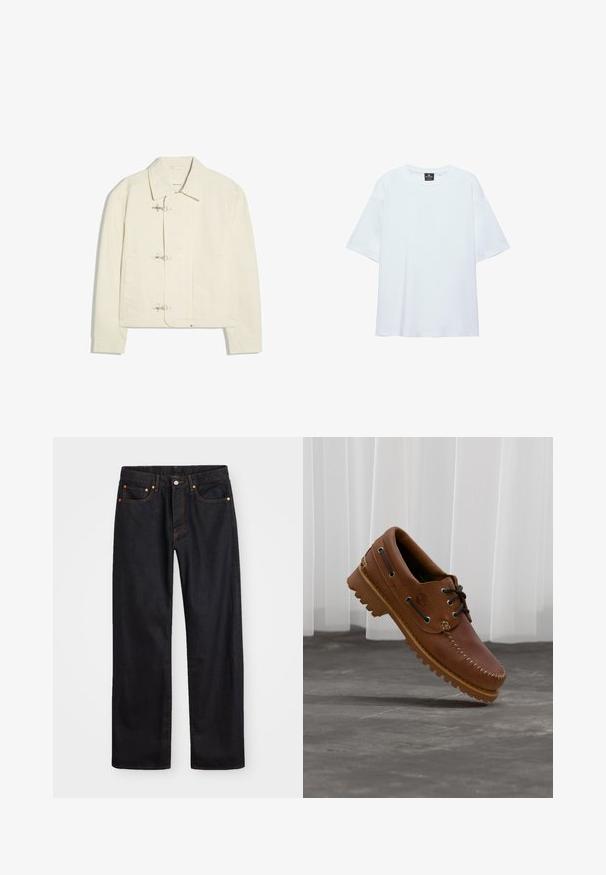 Veste blanc cassé avec un col et trois fermoirs à bascule argentés sur le devant, avec deux poches latérales et des manches longues.; T-shirt blanc uni oversize à manches courtes avec col rond et étiquette noire à l'intérieur du col sur fond blanc.; Jean en denim noir pour hommes, coupe droite, avec cinq poches et surpiqûres orange, fermeture par bouton et zip à la taille avant.; Chaussure de bateau en cuir marron avec des lacets noirs, des coutures beiges et une semelle robuste, suspendue au-dessus d'un sol en béton gris.