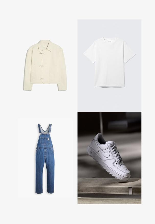 Off-white jakke med krave og tre sølvfarvede låsespænder foran, med to sidelommer og lange ærmer.; Hvid kortærmet crewneck T-shirt lagt fladt ud, ensfarvet design, med "WEEKDAY" mærkat inde i kraven på en lys baggrund.; Denim overalls i mellemblå, med justerbare stropper, en frontlomme og metalbeslag, i en afslappet pasform og lige ben-design.; Hvid læder Nike Air Force 1 sneaker med perforeret tå, flade snørebånd og tekstureret gummisål med "AIR" branding på siden.