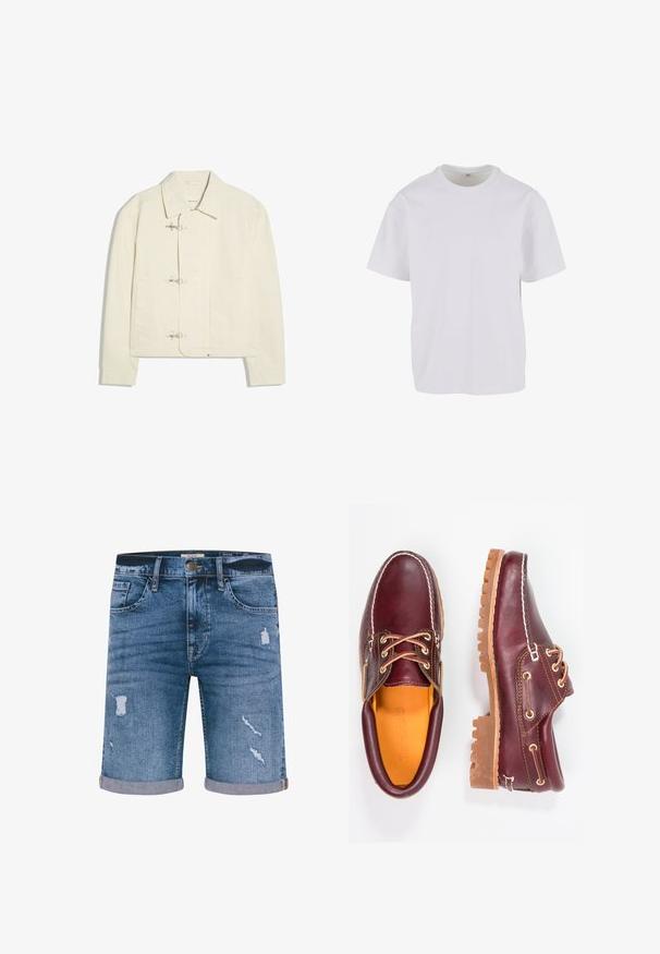 Krémovo biela bunda s golierom a troma striebornými zapínaniami vpredu, s dvoma bočnými vreckami a dlhými rukávmi.; Biele tričko s krátkym rukávom vyrobené z mäkkej bavlny, s okrúhlym výstrihom a voľným strihom s rovnými okrajmi. Bez viditeľných vzorov alebo akcentov.; Denim šortky strednej modrej farby s opotrebovaným vzhľadom, obtočenými okrajmi, piatimi vreckami a kovovým zapínaním na gombík. Štandardný strih.; Bordové kožené topánky s hnedými gumovými podrážkami, okrúhlou špičkou, bielym prešívaním a zlatými kovaniami. Interiér má žlté podšívku.