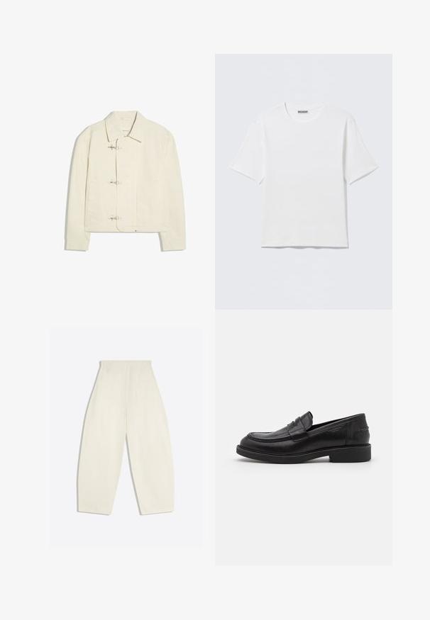Veste blanc cassé avec un col et trois fermoirs à bascule argentés sur le devant, avec deux poches latérales et des manches longues.; T-shirt blanc uni à manches courtes et col rond, avec une petite étiquette "WEEKDAY" à l'intérieur du col arrière, présenté à plat.; Pantalon crème taille haute à jambes larges, avec poches arrière et passants de ceinture, présenté à plat sur un fond clair.; Mocassins en cuir noir avec un bout arrondi, des coutures ton sur ton et un détail de sangle à l'avant. Semelle en caoutchouc avec un petit talon.