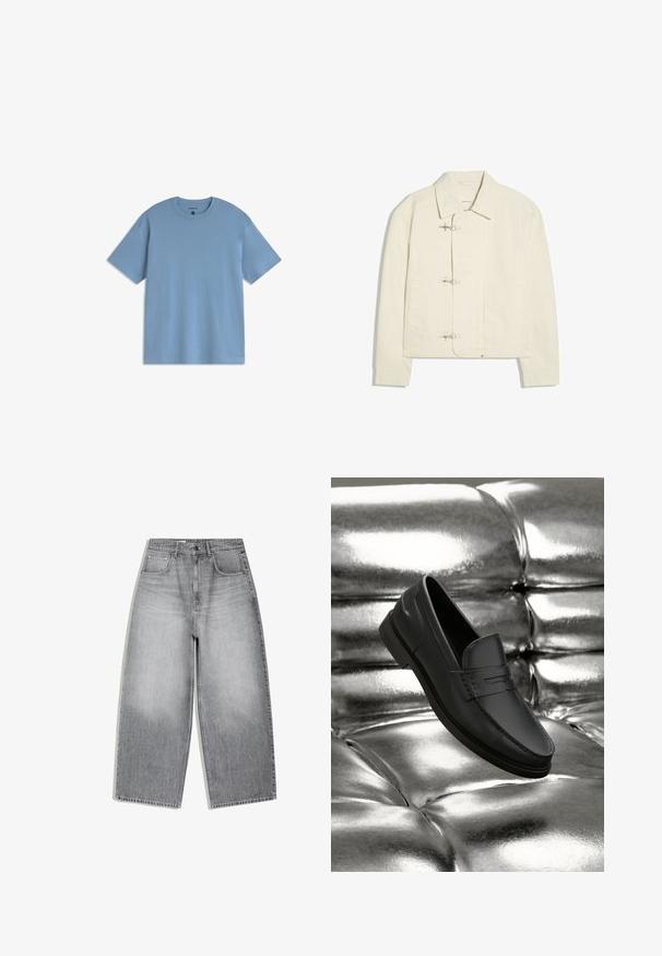 Veste blanc cassé avec un col et trois fermoirs à bascule argentés sur le devant, avec deux poches latérales et des manches longues.; T-shirt bleu clair à manches courtes et col rond, coupe décontractée, présenté sur un fond blanc.; Jean taille haute à jambes larges en denim gris délavé avec poches avant et ceinture à bouton.; Mocassins en cuir noir à texture lisse, avec des détails de couture et un design classique, présentés sur un fond métallique et brillant.