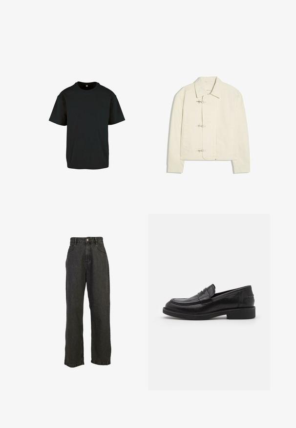 Off-white jakke med krave og tre sølvfarvede låsespænder foran, med to sidelommer og lange ærmer.; Sort bomulds T-shirt med rund hals og korte ærmer; har en afslappet pasform og en glat, struktureret overflade.; Sorte denim jeans med vid ben, høj talje, syede lommer og knaplukning. Glat tekstur med en let slidt finish.; Sorte læder loafers med en rund tå, tonale syninger og en stropdetalje foran. Gummisål med en lav hæl.