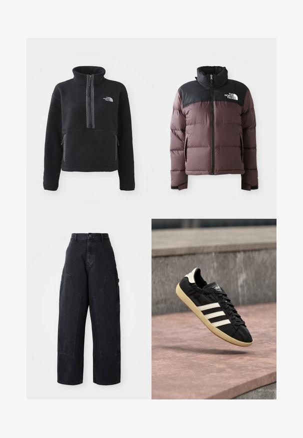 Twee-kleurige paarse en zwarte pufferjack met een rits aan de voorkant en hoge kraag, met het logo van The North Face op de zwarte bovenborst.; Zwarte fleece trui met hoge kraag, kwart rits, borstzak en contrasterende stiksels. Voorzien van het The North Face-logo op de borst.; Zwarte denim cargo broek met wijde been, hoge taille, twee grote voorkanten zakken en een knoopsluiting bij de taille. Soepele textuur, casual ontwerp.; Zwarte Adidas sneaker met witte strepen en beige zool, vastgelegd in de lucht boven een stenen oppervlak en een stenen muur op de achtergrond.