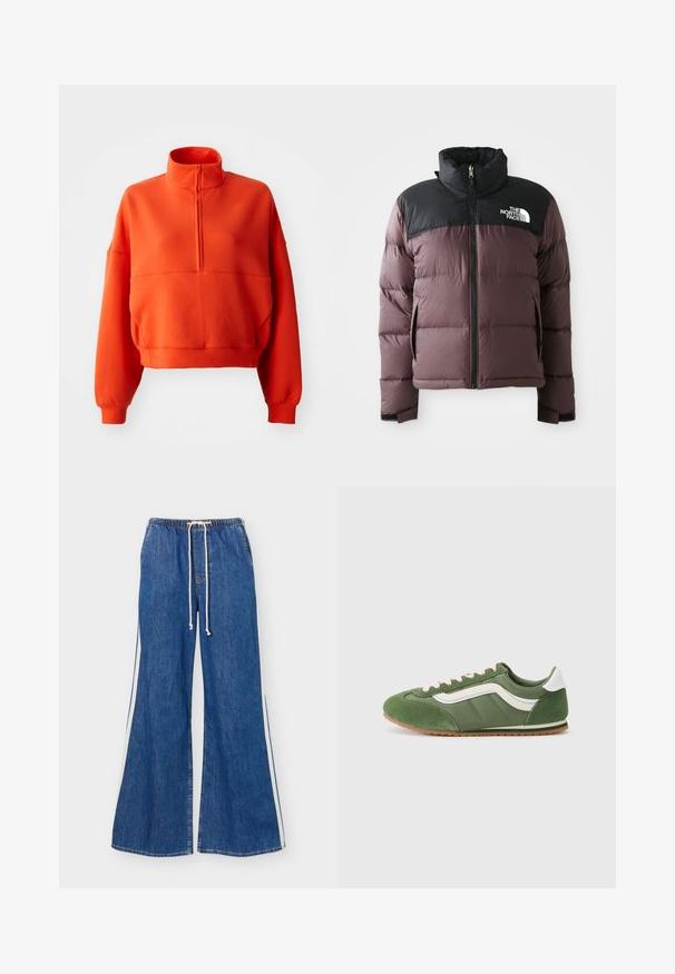Dvojitý fialovo-čierny prešívaný kabát s predným zipsom a vysokým golierom, s logom The North Face na čiernej hornej časti hrudníka.; Svetlooranžová skrátená mikina s falošným golierom a polovičným zipsom, s širokými rukávmi a textúrovanou látkou pre pohodlie.; Modré džínsy širokých nohavíc s elastickým pásom, bielou šnúrkou a bielymi bočnými pásmi, zobrazené na bielom pozadí.; Zelené tenisky s kombináciou textúrovaného semišu a hladkej textílie, s bielymi akcentmi, ružovými šnúrkami a hnedou gumovou podrážkou.