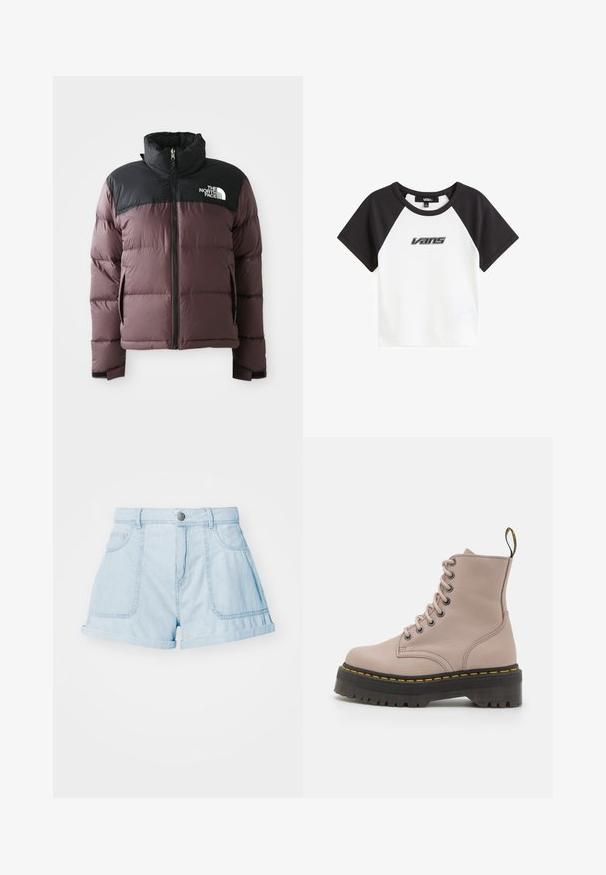 Chaqueta acolchada a dos tonos, púrpura y negra, con cremallera frontal y cuello alto, que presenta el logo de The North Face en la parte superior negra del pecho.; Camiseta blanca con mangas raglán negras y un logo de Vans negro impreso en la parte delantera. Tiene un cuello redondo y un diseño corto.; Shorts de denim azul claro con dobladillo enrollado, que presentan dos bolsillos frontales, un cierre de botón y un diseño de corte clásico.; Botín de tobillo con cordones en cuero rosa claro, que presenta una suela negra gruesa con un detalle de costura amarilla y una lengüeta en la parte posterior.