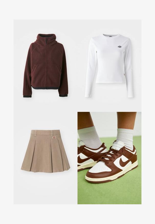 Bordeaux fleece jack met een capuchon, voorrits, zijzakken en zwarte elastische afwerking bij de mouwen en onderzoom. Getextureerde oppervlaktetextuur.; Witte longsleeve shirt gemaakt van ribbelstof. Bevat een klein zwart logo op de borst. Aangesneden ontwerp met een ronde hals.; Beige geplooide rok gemaakt van een gestructureerde stof. Voorzien van een tailleband met riemlussen en een logopatch aan de linkerzijde.; Bruine en witte leren sneakers met perforaties bij de teen, getextureerde accenten en platte veters. Het model heeft een lage schacht en een rubberen zool.