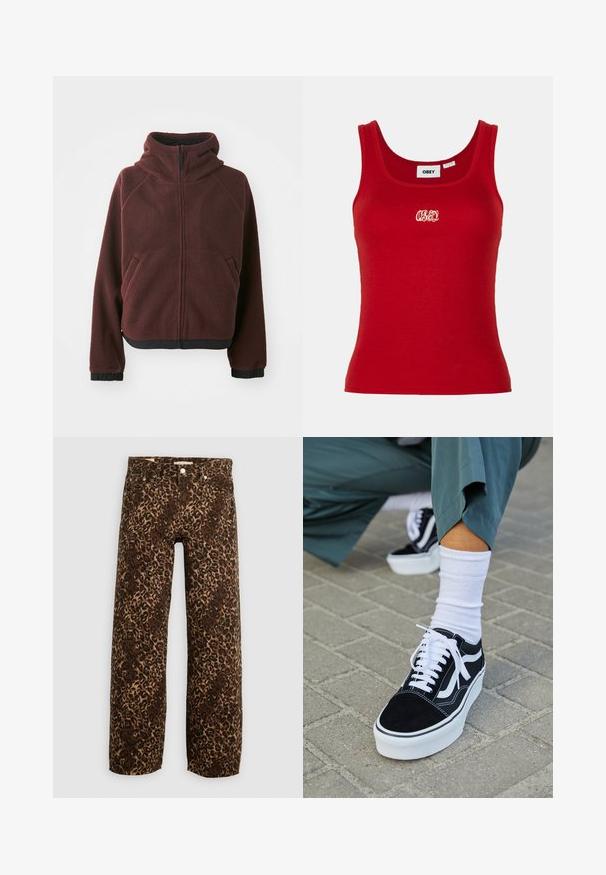 Bordeaux fleecejakke med hætte, frontlynlås, sidelommer og sort elastisk trim ved ærmerne og nederste søm. Tekstureret overfladefinish.; Rød ribbet tanktop med rund udskæring og brede stropper, med et broderet "OBEY" logo i hvidt på forsiden i midten.; Bordeaux og tan leopardprint brede benjeans. Fremstillet af denim, med et klassisk fem-lomme design og metalhardwaredetaljer.; Sorte ruskinds sneakers med hvide accenter og snørebånd, der har en tyk hvid sål og kontrasterende syninger, parret med en hvid sok.