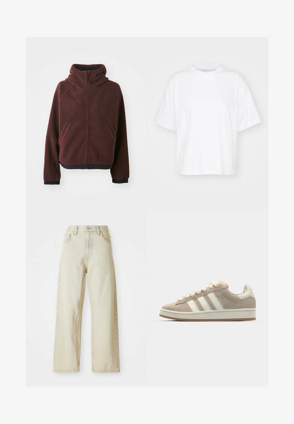 Burgunderfarbene Fleecejacke mit Kapuze, Frontreißverschluss, seitlichen Taschen und schwarzem elastischem Saum an den Bündchen und am unteren Saum. Strukturiertes Oberflächenfinish.; Weißes Baumwoll-T-Shirt mit Rundhalsausschnitt, kurzen Ärmeln und lockerer Passform. Verfügt über ein dezentes Logo auf der linken Brustseite. Glatte Textur.; Weite Jeans aus Denim in einem hellbeigen Farbton, mit vorderen Taschen, hoher Taille und dezenten Nähdetails. Hergestellt aus strukturiertem Denim-Stoff.; Hellbeige Wildlederschuhe mit weißen Lederstreifen und -schnürsenkeln, Gummisohle, gepolstertem Kragen und strukturierten Details auf der Oberseite.