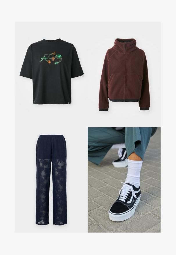 Bordeaux fleecejakke med hætte, frontlynlås, sidelommer og sort elastisk trim ved ærmerne og nederste søm. Tekstureret overfladefinish.; Sort bomulds T-shirt med en afslappet pasform. Har et farverigt grafisk design i grøn og orange på forsiden. Korte ærmer, rund halsudskæring.; Marineblå blondebukser med blomsterprint, der har en vid ben-design og elastisk talje. Halvgennemsigtigt stof med tekstureret finish.; Sorte ruskinds sneakers med hvide accenter og snørebånd, der har en tyk hvid sål og kontrasterende syninger, parret med en hvid sok.