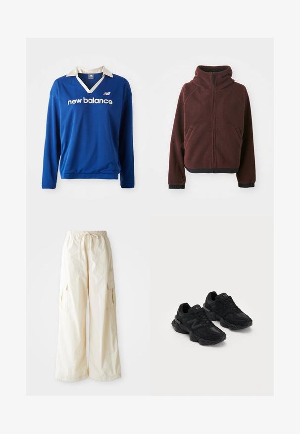 Burgundy fleece-takki hupulla, etuvetoketjulla, sivutaskuilla ja mustilla elastisilla reunoilla hihoissa ja helman alareunassa. Rikkaita pintakuvio.; Sininen pitkähihainen urheilu-paita, jossa on valkoinen kaulus, verkko-textuuri ja "new balance" -logo valkoisena rinnan kohdalla.; Lepakauhainen cargo-housut vaalean beige väri, jossa on joustava vyötärönauha, kiristysnauha ja sivutaskut. Suora pinta ja minimaalinen yksityiskohtaisuus.; Mustat urheilukengät, joissa on teksturoitu päällinen, näyttävä "N"-logo, pehmustettu pohja ja tyylikäs, nykyaikainen siluetti.