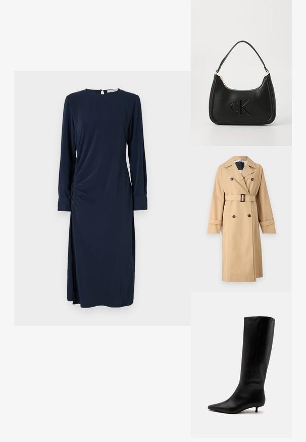 Trench coat beige con cierre de botones de doble botonadura, cintura ceñida con cinturón y solapas con muesca. Presenta mangas con puños y una textura suave.; Vestido de marina con mangas largas, escote redondo y fruncidos laterales. Presenta una abertura lateral y un escote en forma de llave en la espalda. Tela suave y lisa.; Bota alta de cuero negro hasta la rodilla con puntera puntiaguda y tacón bajo tipo kitten sobre un fondo claro y liso.; Bolso de mano de cuero negro con forma curva, que presenta una cremallera dorada y un sutil logo "cK" en relieve. Textura suave y un solo asa.
