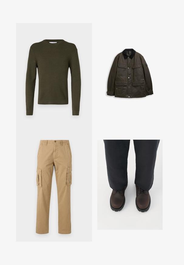 Veste longue à manches longues vert foncé avec col en velours côtelé noir, quatre poches avant à rabat, boutons-pression et poignets ajustables.; Pull en tricot vert olive avec un col ras du cou, texture côtelée et manches longues ; présente une silhouette ajustée et épurée.; Pantalons cargo beiges avec deux poches latérales, une fermeture par bouton, un design droit et un tissu doux et texturé.; Chaussures en cuir brun à lacets avec une pointe arrondie, semelle en caoutchouc noir et détails texturés, associées à un pantalon ample de couleur foncée.