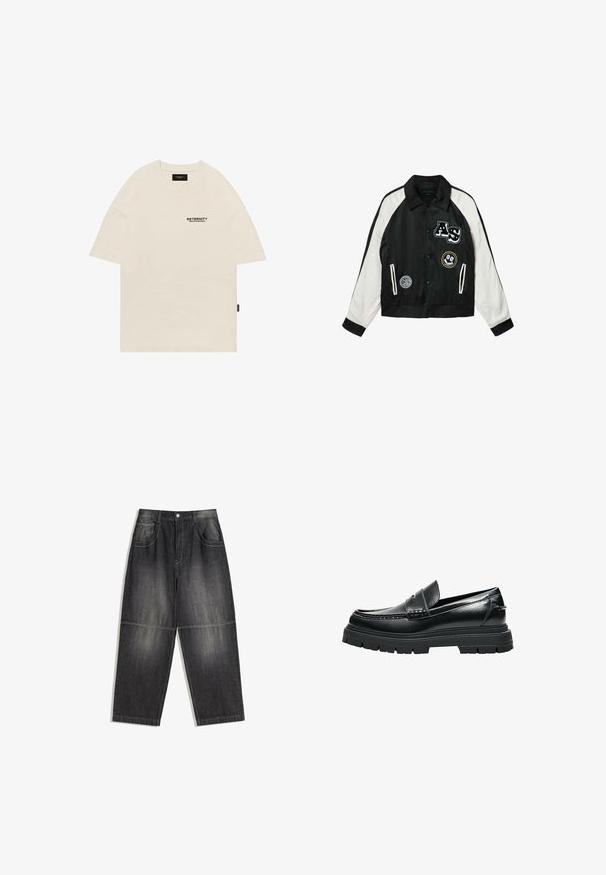 Veste universitaire en noir et blanc avec manches blanches, boutons sur le devant, deux poches, et trois écussons dont "AS" et un crâne souriant.; T-shirt en coton beige avec un col rond, au design surdimensionné, et un logo imprimé noir sur la poitrine gauche. Manches courtes à coupe droite.; Pantalons en denim gris foncé avec une coupe ample, deux poches avant et des coutures contrastées. Le tissu a un aspect légèrement décoloré.; Mocassin en cuir noir avec semelle épaisse à crampons et détail de bride penny, vu de profil sur fond blanc.