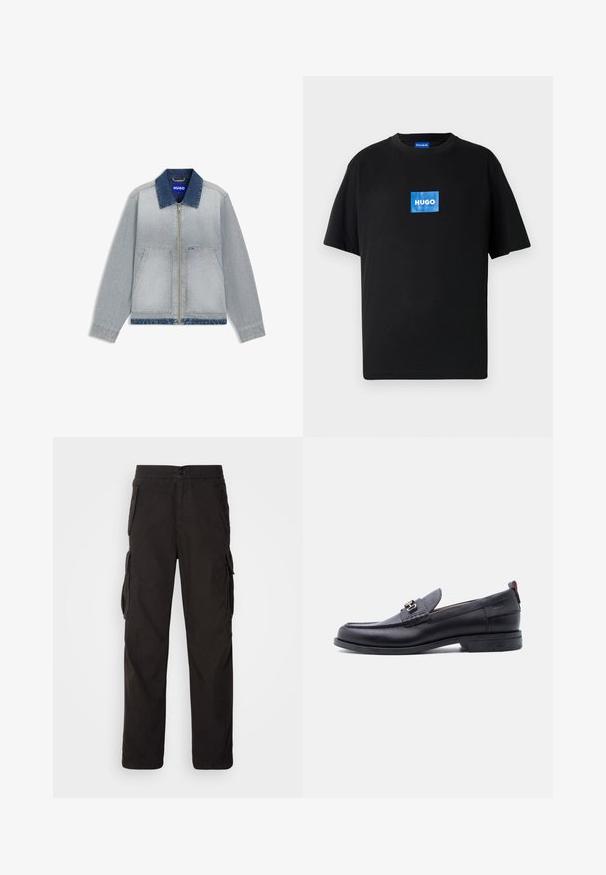 Veste en denim bleu clair avec un col bleu foncé, une fermeture éclair, deux poches avant, un ourlet droit et des accents de tissu contrastants.; T-shirt noir en coton avec un col rond et des manches courtes. Il présente un logo rectangulaire bleu "HUGO" sur le devant.; Pantalons cargo noirs avec une coupe droite, une taille élastique, plusieurs poches latérales et un tissu texturé pour plus de durabilité.; Mocassin en cuir noir avec empeigne texturée grise, détail boucle en métal argenté, petit talon et languette à l'arrière.
