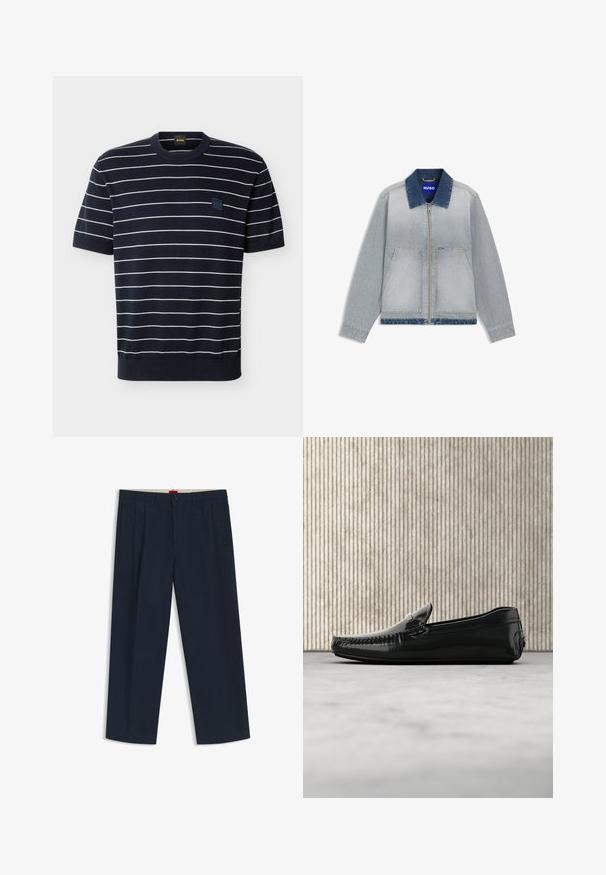 Veste en denim bleu clair avec un col bleu foncé, une fermeture éclair, deux poches avant, un ourlet droit et des accents de tissu contrastants.; Chemise en maille bleu marine à manches courtes avec des rayures horizontales blanches et un petit patch logo carré BOSS sur la poitrine gauche.; Pantalon large bleu marine foncé avec passants pour ceinture, fermeture à bouton et zip à l'avant, et poches latérales, présenté sur fond blanc.; Mocassins en cuir noir avec une finition brillante, bout rond et quincaillerie décorative à l'avant. Semelle en caoutchouc à profil bas. Texture lisse.