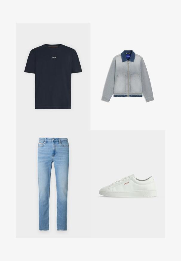 Hellblaue Jeansjacke mit dunkelblauem Kragen, Reißverschluss, zwei Fronttaschen, geradem Saum und kontrastierenden Stoffakzenten.; Marineblaues Kurzarm-T-Shirt mit Rundhalsausschnitt und kleinem weißen "BOSS"-Logo mittig auf der Brust.; Hellblaue Jeans aus Denim mit geradem Bein, Fronttaschen und Knopfverschluss. Verfügt über dezente Ausbleichungen und eine Standardnaht.; Weißer Sneaker mit niedrigem Schaft und Schnürung sowie rotem "HUGO" Logo an der Seite vor weißem Hintergrund.