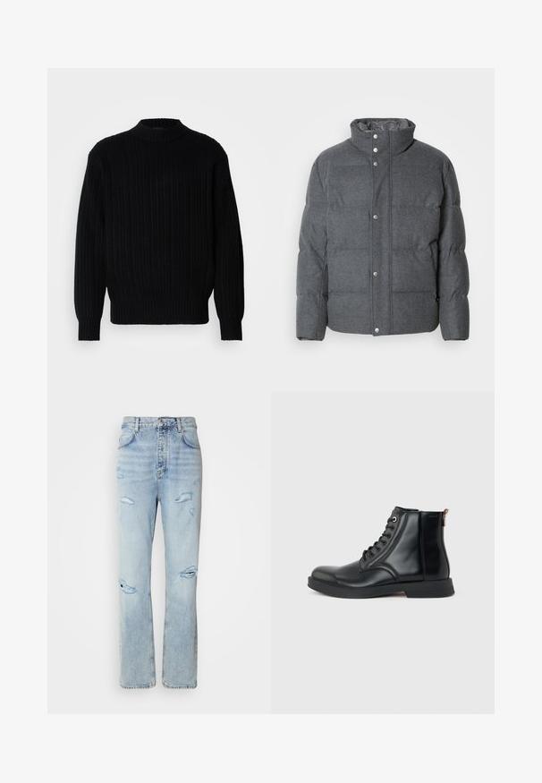 Grau gesteppte Daunenjacke aus weichem Stoff, mit hohem Kragen, Druckknöpfen und gesteppten Zonen für Isolierung und Struktur.; Schwarzer gerippter Strickpullover mit hohem Kragen, langen Ärmeln und lockerer Passform. Der Stoff zeigt ein strukturiertes Muster über die gesamte Oberfläche.; Hellblaue Jeans mit legerer Passform, featuring distressed Stellen und fransigen Kanten. Der Stoff hat eine weiche, glatte Textur.; Schwarzer Leder-Stiefel bis zum Knöchel mit Schnürung vorne, rundem Zeh, flacher Sohle und Zuglasche hinten vor schlichtem hellgrauem Hintergrund.