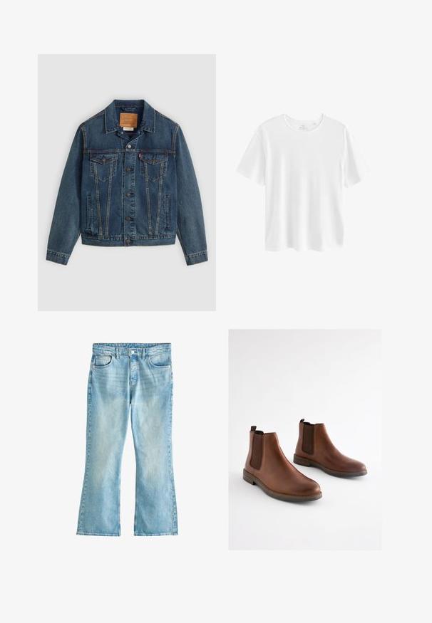 Dunkelblaues Denim-Jacket im klassischen Schnitt, mit Knopfverschluss, zwei Brusttaschen und markanter Naht entlang der Nähte.; Einfaches weißes T-Shirt mit kurzen Ärmeln und Rundhalsausschnitt in regulärer Passform, vor weißem Hintergrund dargestellt.; Hellblaue Jeans aus Denim mit hoher Taille, Knopfverschluss, vorderen Taschen und leicht ausgestellten Beinenden.; Braune Leder-Stiefeletten mit elastischen seitlichen Einsätzen, einer abgerundeten Spitze und einem gestapelten Absatz. Glatte Textur mit kontrastierenden braunen Akzenten.