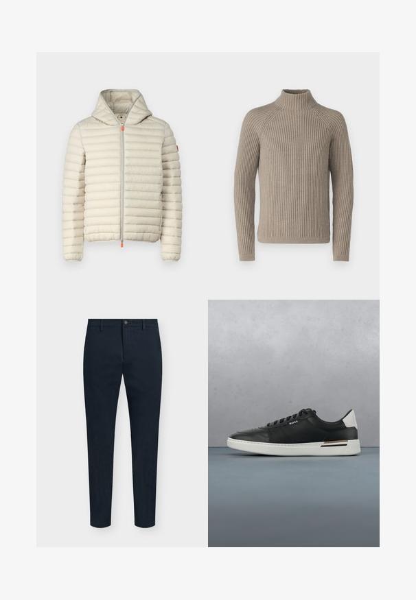 Beige pufjakke med vandret syninger, hætte, lynlås foran og orange lynlås-drag. Blød tekstur og let design.; Beige ribbet turtleneck sweater med lange ærmer, som har en tætsiddende silhuet og struktureret strikkemønster. Lavet af et blødt materiale.; Marineblå, slim fit herrebukser med frontknap og lynlås, bæltestropper og minimalistisk design.; Sort lædersneaker med hvid sål, har perforeringer, snørebåndsdesign, logo på siden og kontrasterende hældetalje i hvid og brun.