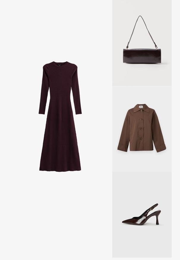 Veste marron boutonnée avec large col, manches longues et deux poches latérales, présentée sur un fond clair uni.; Robe longue maroon côtelée à manches longues avec un col rond, une silhouette fluide et une coupe longue, confectionnée en tissu stretch.; Talons slingback en cuir verni brun avec un bout pointu, un talon fin, et une sangle réglable avec une petite boucle.; Sac à main rectangulaire en cuir noir avec une longue bandoulière unique et une finition brillante, présenté sur un fond blanc uni.