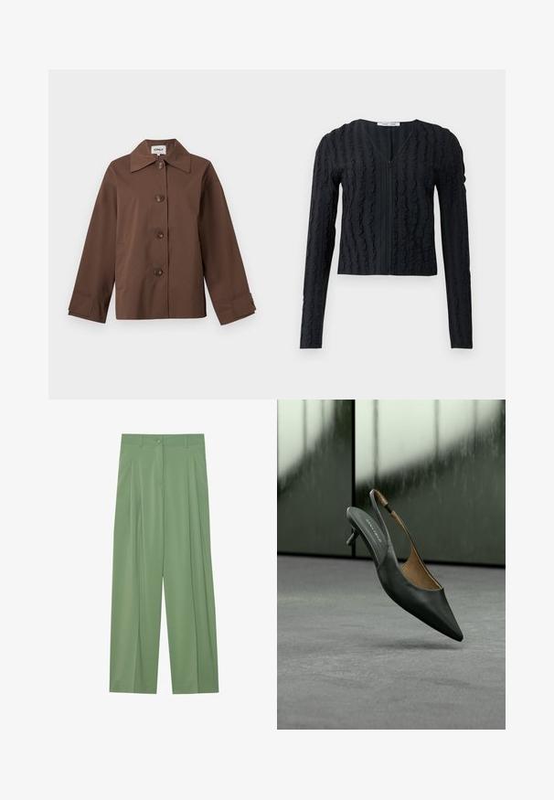 Chaqueta marrón abotonada con cuello amplio, mangas largas y dos bolsillos laterales, mostrada contra un fondo claro y liso.; Cardigan negro de manga larga ajustado con cierre, con rayas verticales de volantes texturizados y escote en forma de V.; Pantalones de pierna ancha verdes hechos de tela suave. Presentan pliegues en el frente, un cierre de botón único y pasadores para cinturón.; Zapato de tacón de gatito tipo slingback negro con punta afilada, con una tira fina y etiqueta "ANNA FIELD" en la plantilla, sobre un fondo gris desenfocado.