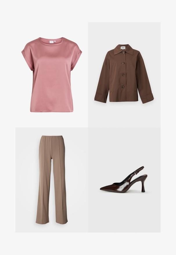 Veste marron boutonnée avec large col, manches longues et deux poches latérales, présentée sur un fond clair uni.; Blouse rose pâle à manches courtes avec poignets retroussés et encolure ronde, en tissu lisse et léger.; Pantalon marron à jambes larges avec une taille élastique, présentant deux plis verticaux sur le devant. Texture de tissu lisse et léger.; Talons slingback en cuir verni brun avec un bout pointu, un talon fin, et une sangle réglable avec une petite boucle.