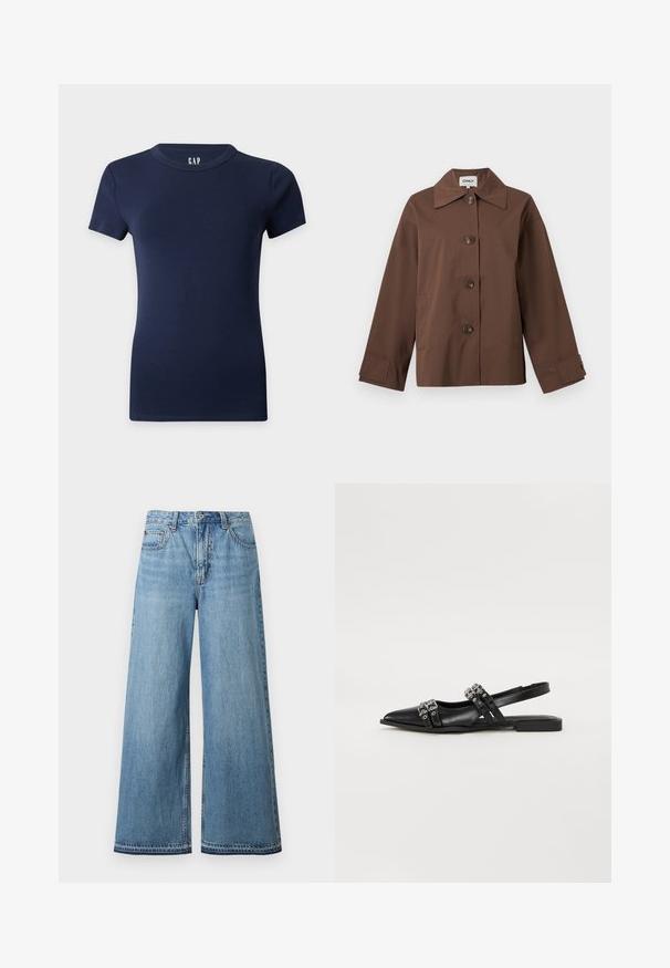 Veste marron boutonnée avec large col, manches longues et deux poches latérales, présentée sur un fond clair uni.; T-shirt ajusté bleu marine à manches courtes avec col rond sur un fond uni clair.; Jean en denim bleu clair taille haute avec jambes larges, fermeture avant par bouton et fermeture éclair, et design à cinq poches.; Even&Odd Ballerines à brides arrière - black