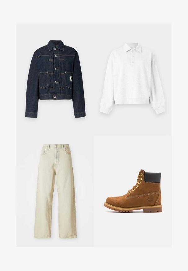 Mørkeblå denimjakke med knapper foran, to lommer foran, synlige kontrastsømmer og en liten firkantet logopatch på høyre lomme.; Lysegrå genser med lange ermer, krage og tre knapper i forkanten, ribbestrikkede mansjetter og en litt kortere kant nederst.; Bredde ben denimjeans i en lys beige nyanse, med frontlommer, høy midje og subtile stikkingdetaljer. Laget av teksturert denimstoff.; Brune suède ankelstøvlett med svart polstret krage, gulløyer, snøring foran og gummisåle med teksturert mønster.