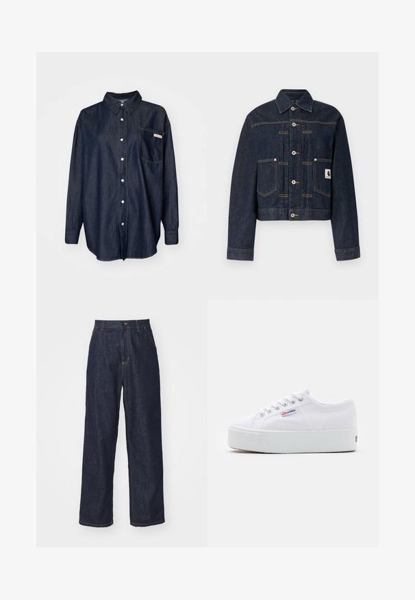 Veste en denim bleu foncé avec fermeture à boutons, deux poches frontales, coutures contrastantes visibles et un petit écusson carré logo sur la poche droite.; Chemise en denim foncé à boutons, avec un col, des manches longues, une poche poitrine unique et des détails de couture blancs.; Jeans en denim droit bleu foncé avec passants de ceinture, bouton avant et poches latérales sur fond blanc.; Baskets en toile blanches avec une épaisse semelle plateforme blanche, bout rond et œillets en métal pour les lacets. Logo de la marque affiché sur le côté.