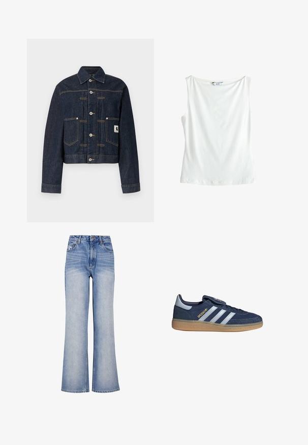 Donkerblauwe denimjas met knoopsluiting aan de voorkant, twee zakken aan de voorkant, zichtbare contrasterende stiksels en een klein vierkant logo op de rechterzak.; Mouwloze witte katoenen top met boothals en een klein "NEXT" merklabel aan de achterkant van de kraag.; Lichtblauwe denim wijde jeans hebben een hoge taille, knoopsluiting, subtiele vervaging en een klassiek design met vijf zakken.; Navyblauwe Adidas Spezial sneaker met witte strepen, rubberen zool en een bovenwerk van suède en leer, zijaanzicht.