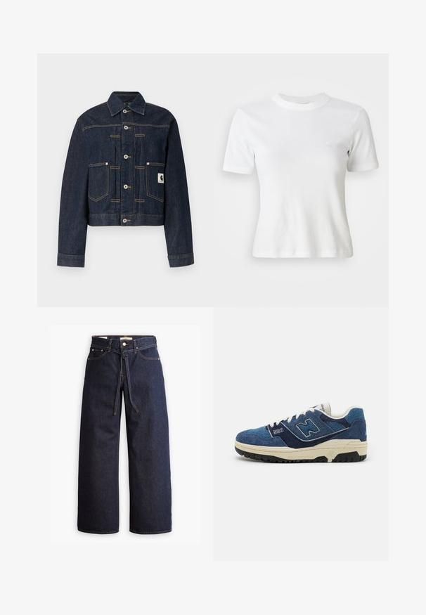 Dunkelblaue Jeansjacke mit Knopfleiste, zwei Vorderentaschen, sichtbaren Kontrastnähten und einem kleinen quadratischen Logo-Patch auf der rechten Tasche.; Weiße, gerippte Kurzarm-T-Shirt mit Rundhalsausschnitt und kleinem Logo auf der Brust. Aus weichem Stoff gefertigt mit taillierter Passform.; Weite, dunkelblaue Jeans aus Denim mit hoher Taille, ausgestattet mit einem Kordelzug, fünf Taschen und kontrastierenden Nähdetails.; Blaue Wildledersneaker mit kontrastierenden marineblauen Einsätzen, weißen Schnürsenkeln und einer strukturierten schwarzen Gummisohle. Modellnummer "550" auf der Seite angezeigt.