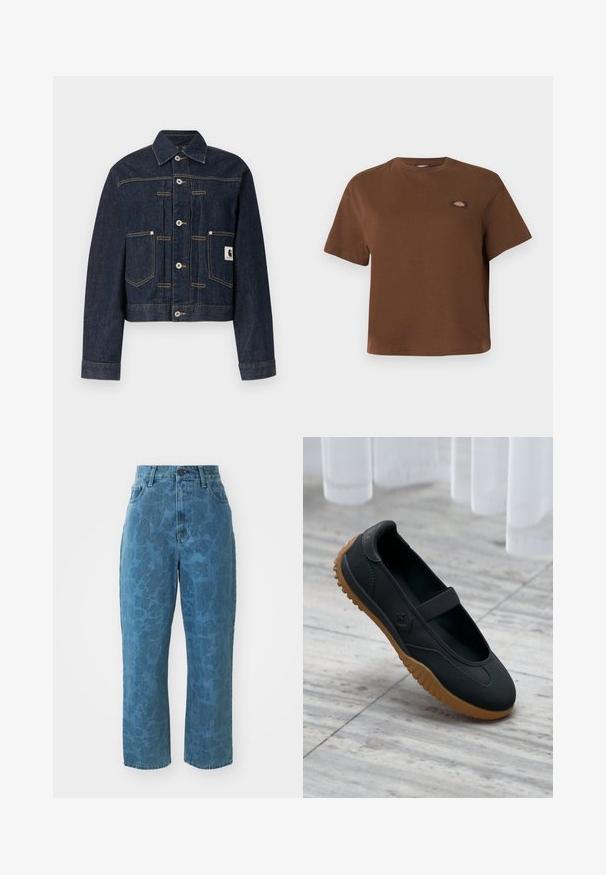 Mørkeblå denimjakke med knaplukning foran, to forlommer, synlige kontrastsømme og et lille firkantet logo-patch på højre lomme.; Brun T-shirt med rund hals og korte ærmer, med en lille rektangulær flerfarvet logo på venstre bryst.; Lyseblå denim jeans med en subtil mønstret struktur, høj talje og lige ben. Har en frontlukning med knap og lynlås.; Sort Mary Jane-stil sko med elastisk rem og brun tekstureret sål, placeret på marmorgulv med hvidt gardin som baggrund.