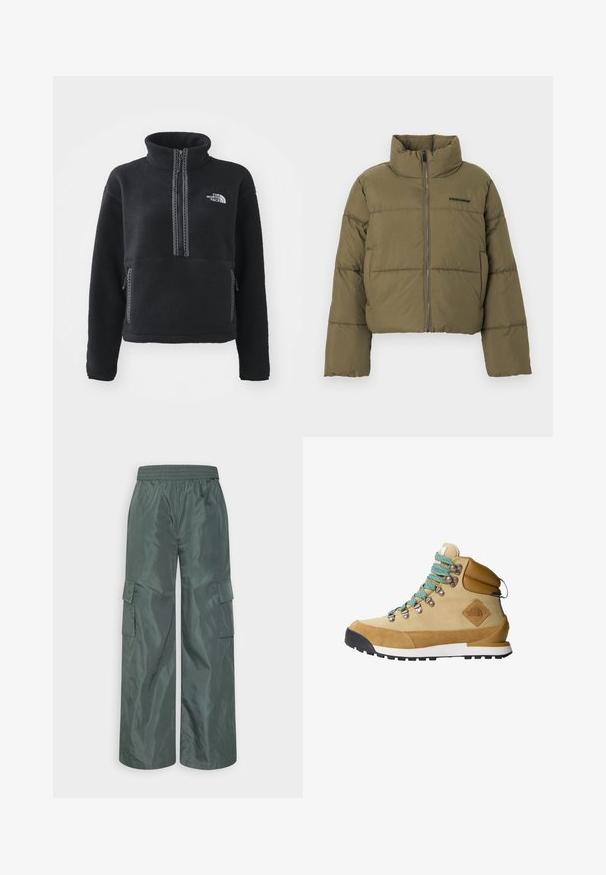 Olivengrøn polstret jakke med høj krave, lynlås foran, sidelommer og "PEGADOR" logo på brystet.; Sort fleecepullover med høj krave, kvartlynlås, frontlomme og kontrastsyninger. Har The North Face-logo på brystet.; Even&Odd Cargobukser - dark green; Tan vandrestøvle med overdel i ruskind og kanvas, turkise snørebånd, polstret krave og sort gummisål med et struktureret grebmønster.