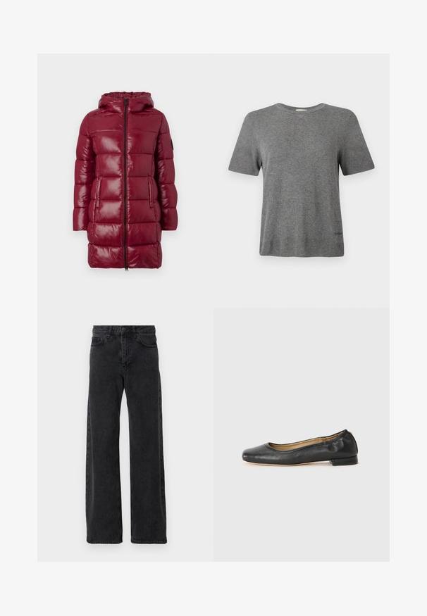Long manteau d'hiver matelassé bordeaux avec capuche, fermeture éclair sur le devant, deux poches latérales et motif matelassé sur fond uni.; T-shirt gris à manches courtes en tissu doux. Col rond, coupe décontractée, avec un logo discret à l'ourlet. Texture lisse partout.; Jean en denim noir à coupe large, avec un style classique à cinq poches, fermeture à bouton et légère décoloration.; Ballerines en cuir noir avec un bout arrondi et des coutures minimales. Talon bas et rectangulaire avec une texture lisse. Détails subtils de doublure intérieure.