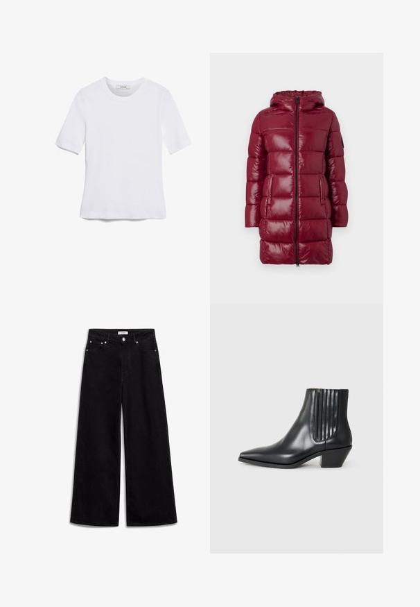 Lang, bordeauxfarvet, polstret vinterfrakke med hætte, lynlås foran, to sidelommer og kassettesøm-design mod en ensfarvet baggrund.; Hvid kortærmet t-shirt lavet af ribbet stof. Rund halsudskæring, almindelig pasform og subtile syninger. Ingen mønstre eller grafik.; Sorte vidde jeans lavet af denim, med høj talje, fem lommer og sølv hardware detaljer. Glat tekstur, enkelt design.; Sorte læder ankelstøvle med spids tå, elastiske sidepaneler med lodrette riller og en lav blokhæl. Glat tekstur og slankt design.