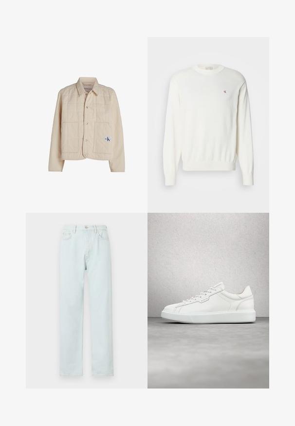 Beige quiltet jakke med knaplukning fortil, spids krave og to store lommer. Har logo-patch nederst til højre.; Hvid strikket sweater med lange ærmer, ribbede manchetter og kant, med et lille rødt logo på brystet. Blød tekstur, rund halsudskæring.; Lyseblå lige bukser lavet af denim, med knaplukning, diskret slid, og fem-lomme design.; Hvide lædersneakers med rund tå, flad snørebåndslukning og grå gummisål. Har diskrete syninger og et logoplacering.