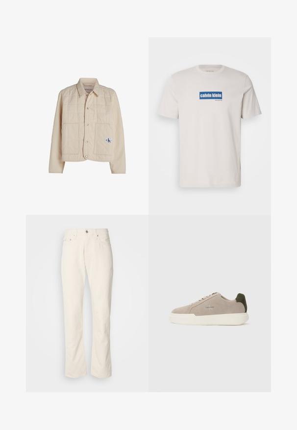 Chaqueta acolchada beige con cierre de botones en la parte delantera, cuello puntiagudo y dos grandes bolsillos. Presenta un parche con el logo en la parte inferior derecha.; Camiseta de algodón blanca con un logo rectangular azul que dice "calvin klein" y "new york city" en texto blanco en el frente. Corte clásico.; Jeans de algodón color beige con un diseño clásico de pierna recta, que cuentan con un cierre frontal de botón, cinco bolsillos y detalles de costura sutiles.; Zapatillas de piel de ante beige con suela de goma blanca, que presentan un acento en el talón de color verde oscuro y un sutil logo en el lateral.
