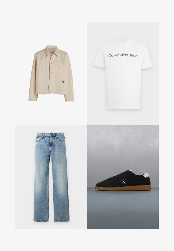 Beige gesteppte Jacke mit Knopfverschluss, spitzem Kragen und zwei großen Taschen. Mit Logo-Patch auf der unteren rechten Seite.; Weißes T-Shirt mit kurzen Ärmeln und Rundhalsausschnitt, auf der Brust ist "Calvin Klein Jeans" in Schwarz gedruckt.; Hellblaue Jeans mit geradem Bein, hohem Bund, fünf Taschen, Knopfverschluss und dezentem Verblassen an Oberschenkeln und Knien.; Schwarze Leinensneaker mit einer Gummisohle, featuring einem silbernen "cK"-Logo an der Seite und einem weißen Akzent an der Ferse. Niedrig geschnittenes Design.