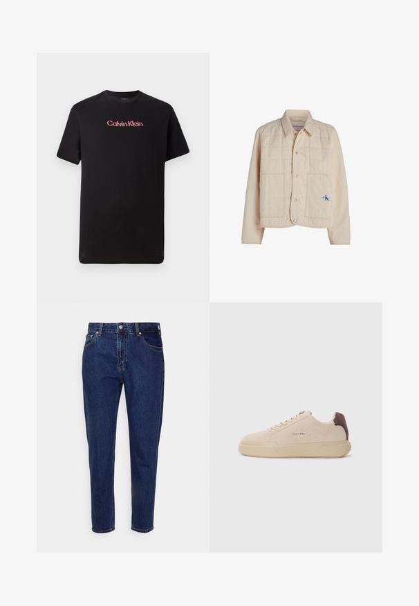 Beige quiltet jakke med knaplukning fortil, spids krave og to store lommer. Har logo-patch nederst til højre.; Sort kortærmet t-shirt lavet af bomuld, med et centralt Calvin Klein-logo i rød og hvid, med rund halsudskæring og afslappet pasform.; Mørkeblå straight-leg cowboybukser med forreste knap- og lynlås-lukning, bæltestropper samt for- og baglommer.; Beige ruskind sneakers med rund tå, snørret foran og en brun ruskindsdetalje på hælen. Har en tekstureret gummisål.