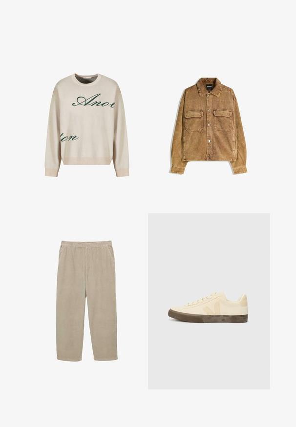 Brun kordfløjljakke med knaplukning, to brystlommer og spids krave. Har ribbet tekstur og justerbare manchetter.; Beige strikket sweater med grønne kursiverede bogstaver. Ribbet halsudskæring og manchetter, afslappet pasform, med blød tekstur.; Lys beige kordfløjspants med elastisk talje, sidelommer og en afslappet pasform; struktureret stof med lodrette riller.; Beige lærredssko med rund tå, flade snørebånd og struktureret brun gummisål. Har et logo på siden og et minimalistisk design.