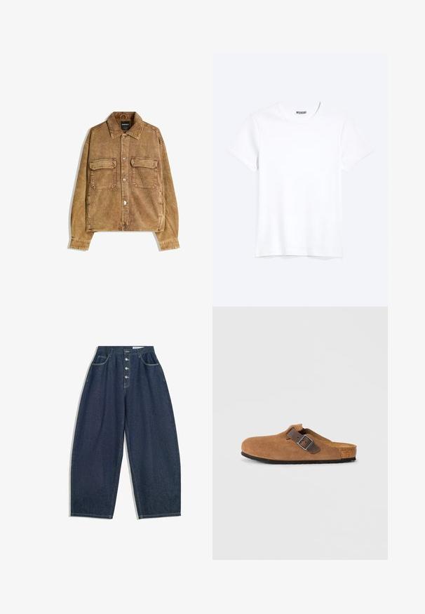 Brun kordfløjljakke med knaplukning, to brystlommer og spids krave. Har ribbet tekstur og justerbare manchetter.; Enkelt hvid T-shirt med korte ærmer og rund hals med synligt WEEKDAY-mærke i kraven, vist på en lys baggrund.; Mørkeblå denim bukser med brede ben og høj talje, fem knaplukninger og fem lommer. Har stikninger som accent på sømmene.; Brune ruskindsklogs med en justerbar brun læderrem og sølv spænde, der har en formet korkfodbed og en tekstureret gummi sål.
