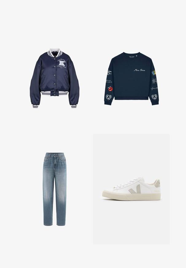 Navy Satin Bomberjacke mit weiß gestreiftem Rippkragen und -bündchen, vorderen Druckknöpfen, zwei Taschen und dekorativem besticktem Text und Logo.; Marineblaue Sweatshirt mit dem Text ""Mira Paris"" vorne, roten Lippen, Herzen, Sonne und verschiedenen weißen grafischen Designs auf beiden Ärmeln.; Blaue, hoch taillierte, gerade geschnittene Jeans aus Denim mit vorderen Taschen, Gürtelschlaufen und Knopfverschluss vor weißem Hintergrund.; Weiße Sneaker aus Leder mit grauen V-Logo-Akzenten, strukturiertem Gummiabsatz, weißen Schnürsenkeln sowie gepolstertem Zungen- und Knöchelbereich.