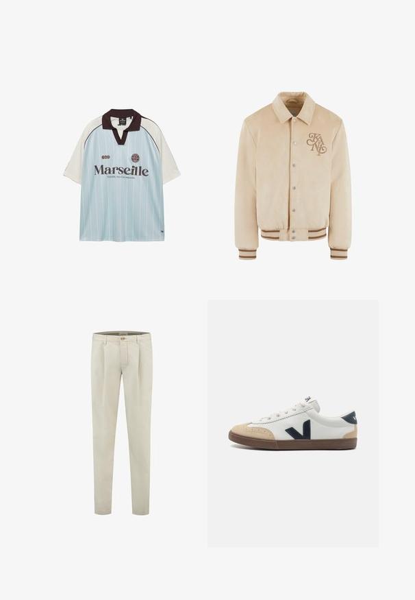 Veste bomber en suede beige avec un col, des boutons-pression et un logo brodé sur la poitrine. Poignets et ourlet côtelés avec des rayures brunes contrastées.; Maillot de sport à manches courtes bleu clair et blanc avec col noir, texte "Marseille", épingles et slogan "Ensemble, rien n'est impossible" sur le devant.; Pantalons beiges ajustés en tissu coton lisse, avec une taille plate, deux plis et une fermeture à un bouton à la taille.; Sneaker en cuir blanc avec un capuchon beige, un logo "V" latéral bleu marine et une semelle en caoutchouc marron. Présente des lacets ronds et des accents texturés.