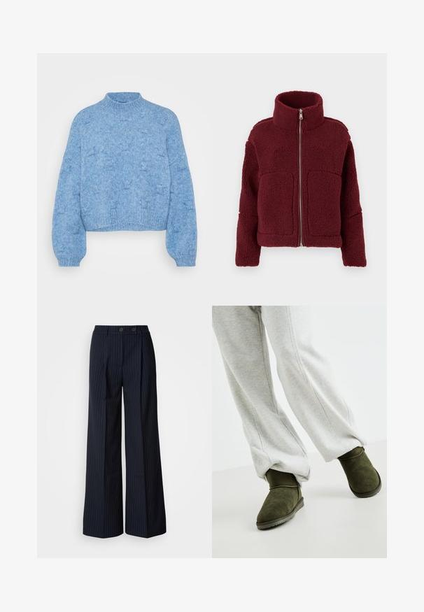Veste en polaire bordeaux avec col montant, fermeture éclair à l'avant, manches longues et deux grandes poches avant, présentée sur un fond uni.; Vero Moda Petite VMGAIL HIGHNECK - Pullover - allure melange; Pantalon large à rayures marines avec deux boutons sur le devant, design ajusté, pli à l'avant et texture lisse.; Bottines en suédine vertes à bout rond et semelle en caoutchouc basse, associées à un pantalon de survêtement gris, offrant une coupe décontractée et des poignets élastiques.