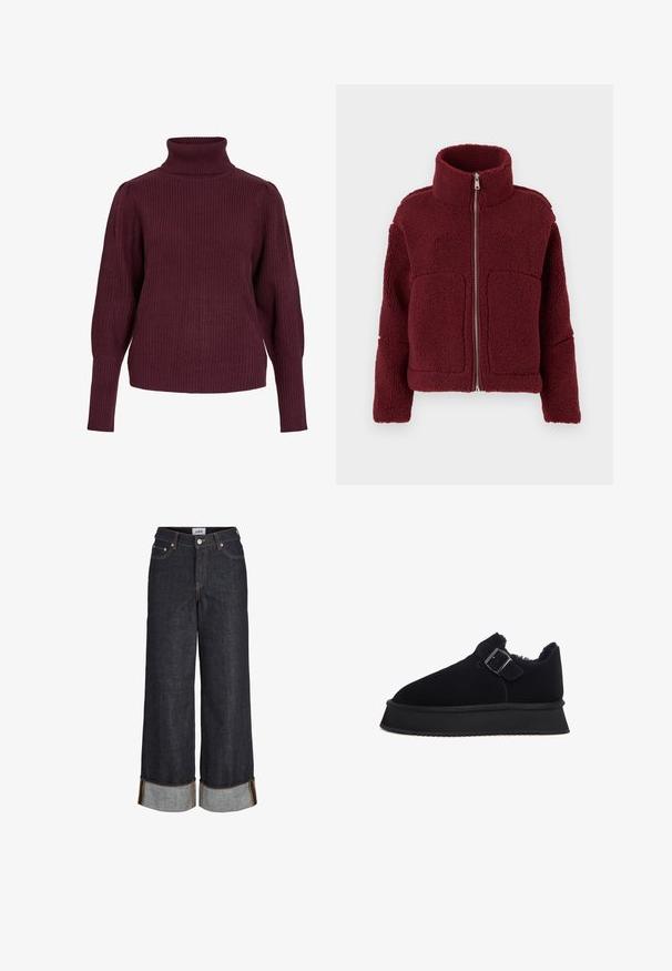Bordeaux fleece jas met hoge kraag, voorrits, lange mouwen en twee grote voorkruiden, weergegeven op een effen achtergrond.; Bordeaux coltrui gemaakt van ribgebreide stof, met lange mouwen en een relaxte pasvorm met strakke manchetten en een hoge kraag.; Donkerblauwe wijde jeans met omgeslagen zomen, vijf zakken en contrasterend gele stiksels.; Zwarte suède schoenen met een ronde vorm, een zijgespsluiting, een textuurvoering en een dikke zwarte rubberen zool.