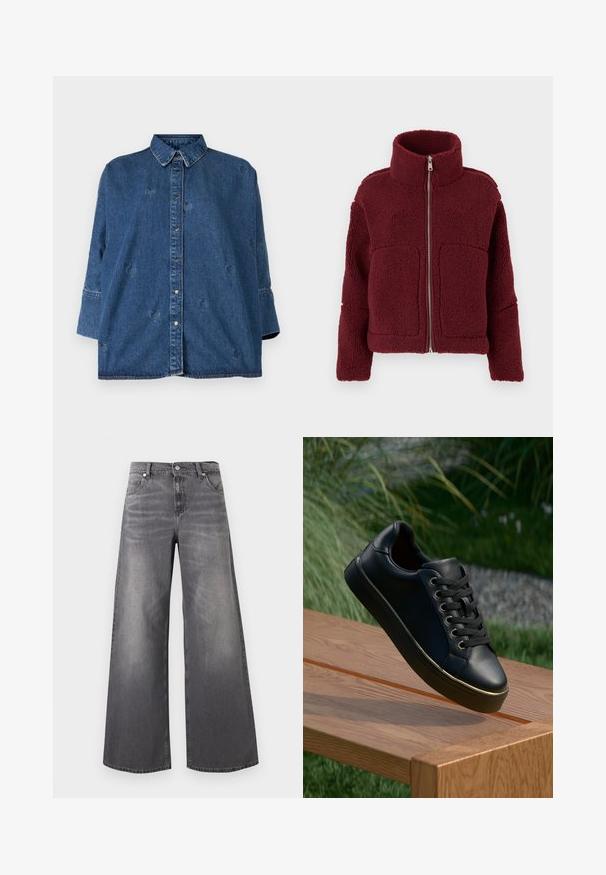 Bordeauxfleecejakke med høj krave, frontlynlås, lange ærmer og to store forlommer, præsenteret på en ensfarvet baggrund.; Denimskjorte med klassisk krave, blå farve, oversized pasform og dekorative hjerteformede udsparinger. Har trykknapper og lange ærmer.; Vidbenede jeans i falmet mørkegråt denim. Har en klassisk talje, fem lommer og diskrete slidte detaljer foran.; Sort lædersneaker med snørebånd, rund tå og gyldent accent langs sålen. Teksturering på gummisålen for bedre greb.