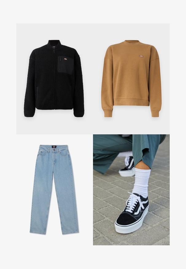 Sort fleecejakke med rund krave, lynlås foran og brystlomme. Har en blød, tekstureret overflade og elastiske manchetter.; Brun crewneck-sweatshirt med ribbede manchetter og kant, der har et lille rektangulært logo-patch på venstre bryst.; Lyseblå denimjeans med lige pasform, fem lommer, knaplukning og subtile slidmærker foran.; Sorte ruskinds sneakers med hvide accenter og snørebånd, der har en tyk hvid sål og kontrasterende syninger, parret med en hvid sok.